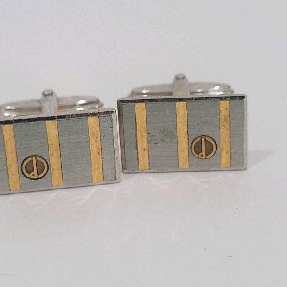 Dunhill D Cufflinks Silver Gold Tone Logo Rectangle Designer Logo Vintage Stripe